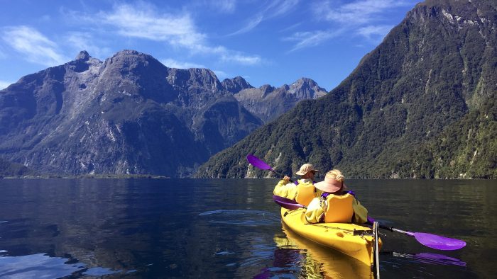 Guests on the Active Adventures 'Rimu' trip Kayaking Milford Sound
