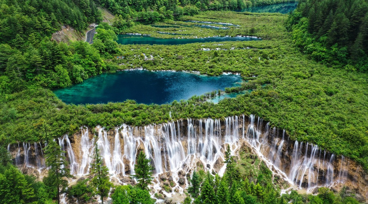 Nuorilang Waterfall in Jiuzhaigou in Summer